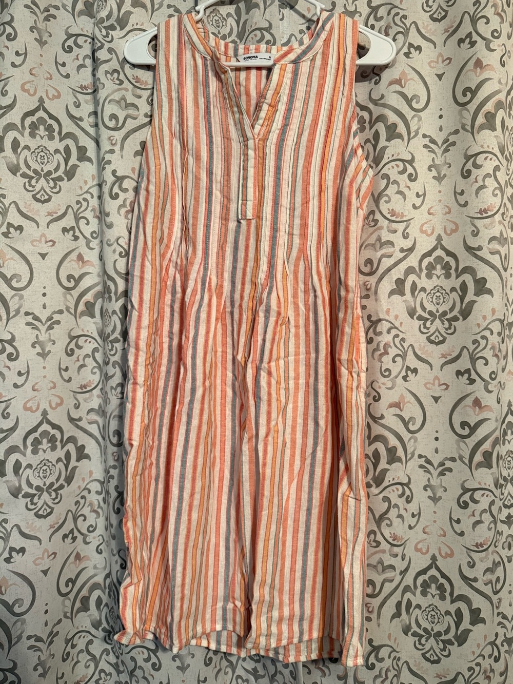 NWT Striped Cotton Shift Dress V Neck Pockets